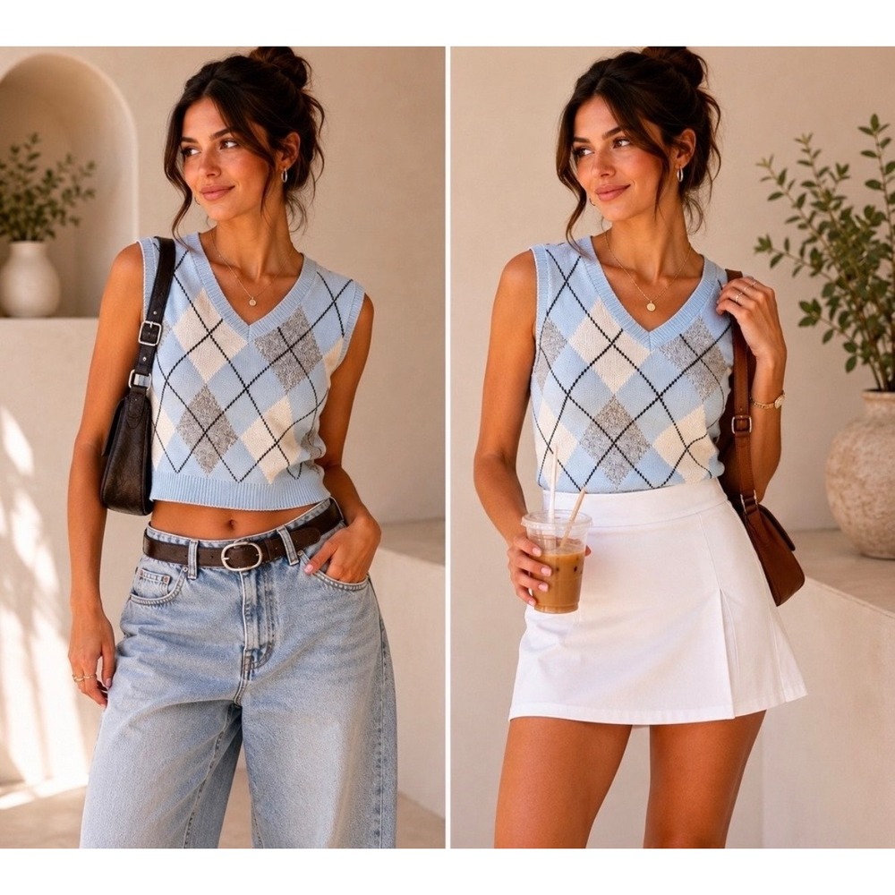 Sincerely Jules Sweater Vest Argyle Light Blue Knit Preppy Large